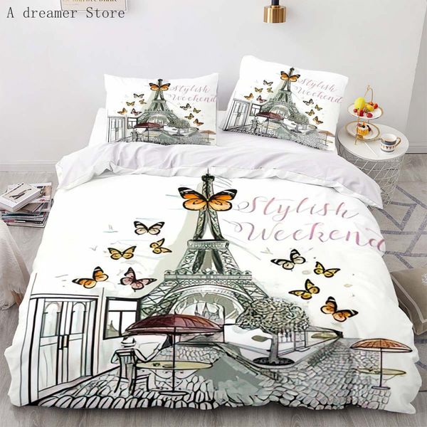 Eiffelturm Duvet Cover romantisches Paar Blumenbettwäsche Kingsize Kingsize Mikrofaser Frankreich Paris Cityscape -Bett Set für Mädchen Frau