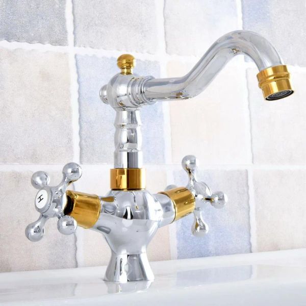 Rubinetti del lavandino da bagno lucido cromo oro in oro in ottone girevole doppia manici a croce cucina barcapace mobile mixer tocco di un foro asf811