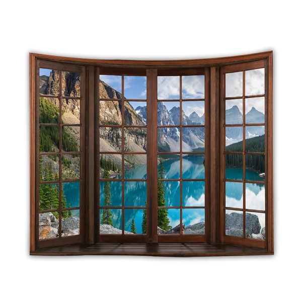 3D -Fenster Landschaft Wandteppich Hippie Bergwand Hängende Stoff Decke Lavendel Tree Tree Teiche Hintergrund Home Dekoration