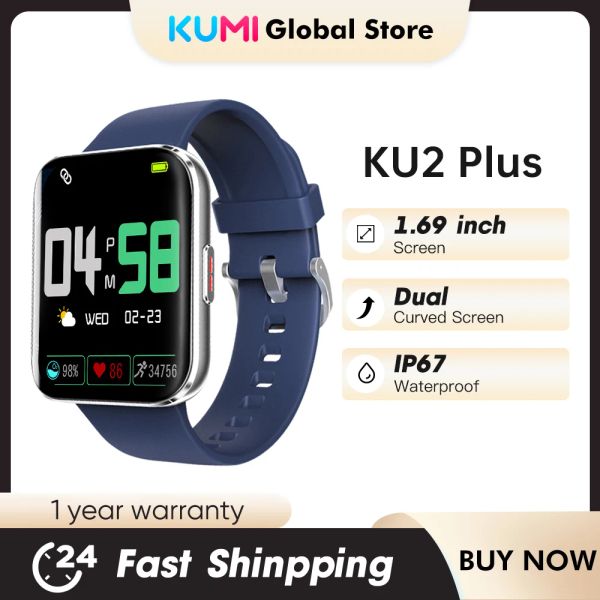 Uhren kumi ku2 plus Smart Watch 1.69inch 2.5d Smartwatch Fitness Herzfrequenzwache für Männer Frau Blut Sauerstoff IP67 für Android