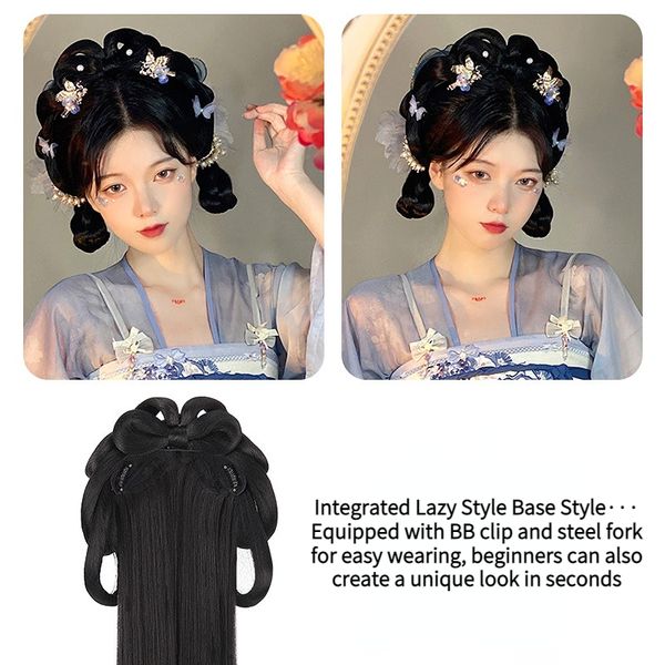 Chineses antigos hanfu saco de peruca integrada banda de cabelo preto conjunto de cabelos antigos estilo tang no novato acessórios de cabelo cacheado para mulheres