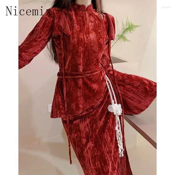 Vestidos de trabalho rosa inverno rosa vintage mano vermelho chinês qipao assimétrico de manga longa de saia plissada de duas peças roupas femininas