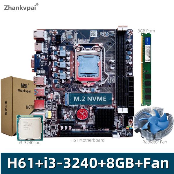 Motherboards Desktop H61 Placa -mãe LGA1155 Duo Intel Core Quatro Threads I33240CPU 3.3GHz +DDR3 8GB 1600 Memória e Radiator Mudo