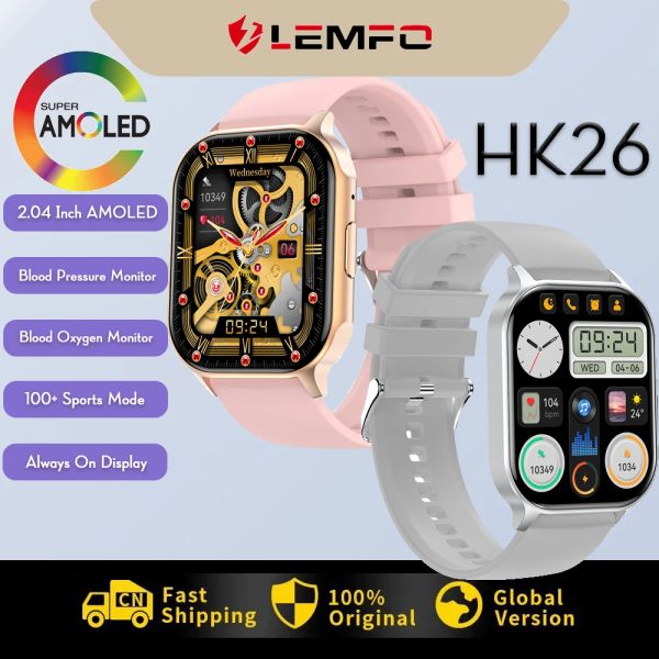 Смотрите Lemfo HK26 Smart Watch 2,04 дюйма Amoled Men Women Bluetooth Call Sport Smart Wwatch 2023 Health Monitor IP67 Водонепроницаемый PK Ultra 8