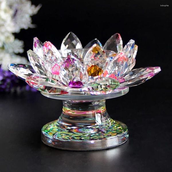 Titulares de vela Crystal quartzo flor lotus castlestick artesanato de vidro feng shui estátua de joia decoração para festa de casamento de festas de casamento presente