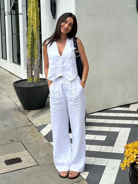 Pantaloni da donna a due pezzi Chaxiaoa Summer Linen White Set for Women Fashion Sleeveless Top in abbinamento a vita alta in vita
