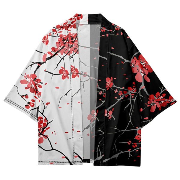 Красная цветочная печатная черная белая сплайсинга haori kimono Женщины мужчины японская азиатская уличная одежда косплей кардиган Юката