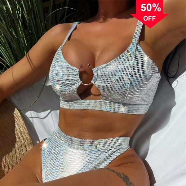 Yeni Moda Tasarımcı Toptan Kadın Yüzme Seksi Bikinis Mayolar Mayo Mayo Parlak Gümüş Ekose Bikini Yüksek Bel Yüksek Bel Kadın Metal Yüzük Banyo