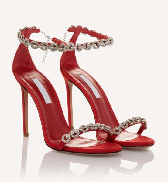 Aquazzur Frau Sandal High Heels Liebe Link Sandale 105 mm verschönerte Sandalen Rot Wildleder Leder Kristallgurt Luxus Designer Lady Pumps Braut Kleidungsschuhe