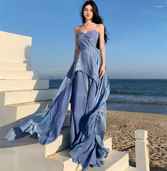 Lässige Kleider französische Mod Spring Sommer Blau Cocktail Party Kleid Boho sexy Frauen ärmellose trägerloser geteilter Urlaub Abendessen Schlank