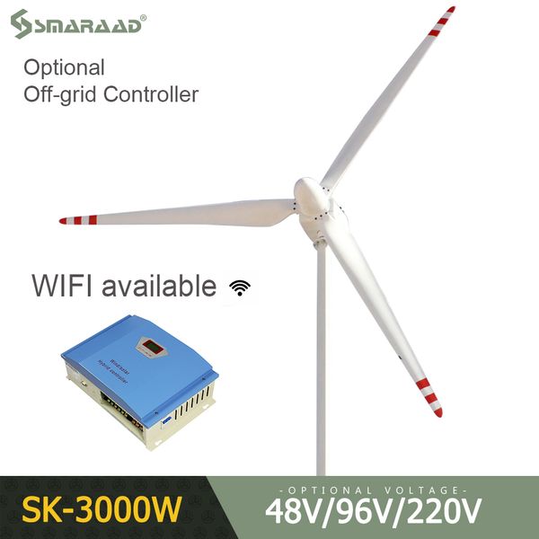 Smaraad 3000W 24V 48V 96V 3 лезвия горизонтальная ветряная турбинная мощность ветряная мельница с гибридным контроллером с Wi -Fi