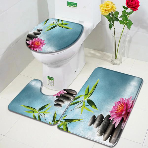 Tappetino da bagno zen set verde orchideo fiori di loto pianta pianta pietra spazzico scenario decorazione bagno tappeti non slip coperchio coperchio