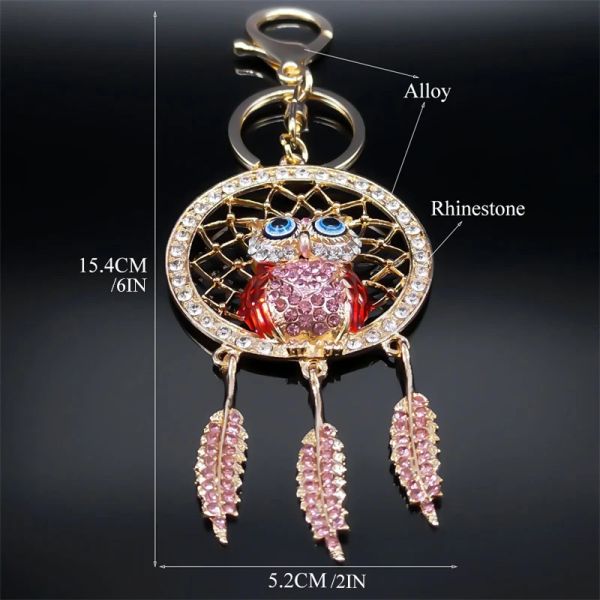 Animal Owl Dream Catcher Chain Key Chain for Women Rhinestone Metal Gold Color Dreamcatcher Keychain Bag Acessórios Jóias K9034S01