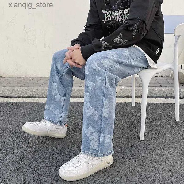 Jeans maschile jacquard jeans maschi blu sciolto gamba dritta pantaloni lunghi pantaloni streetwear in jeaning abbigliamento grafico y2k maschile jean l49