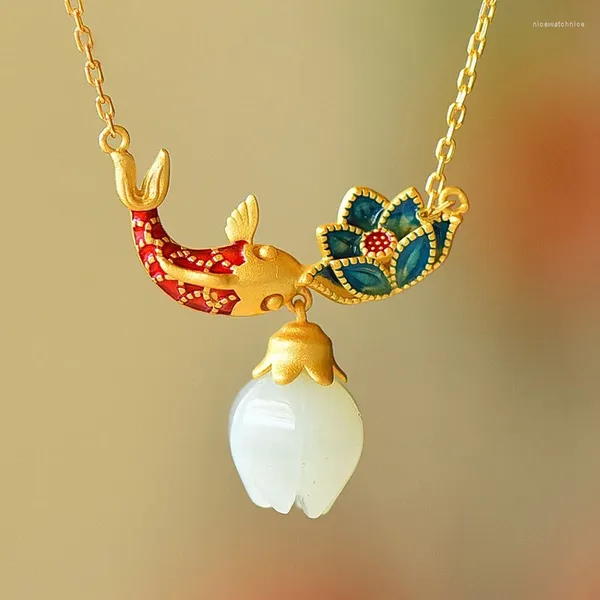 Pingentes naturais de jade colares de jade de esmalte lotus pingente de ouro antigo pingente de luxo de luxo estilo chinês jóias de charme retrô