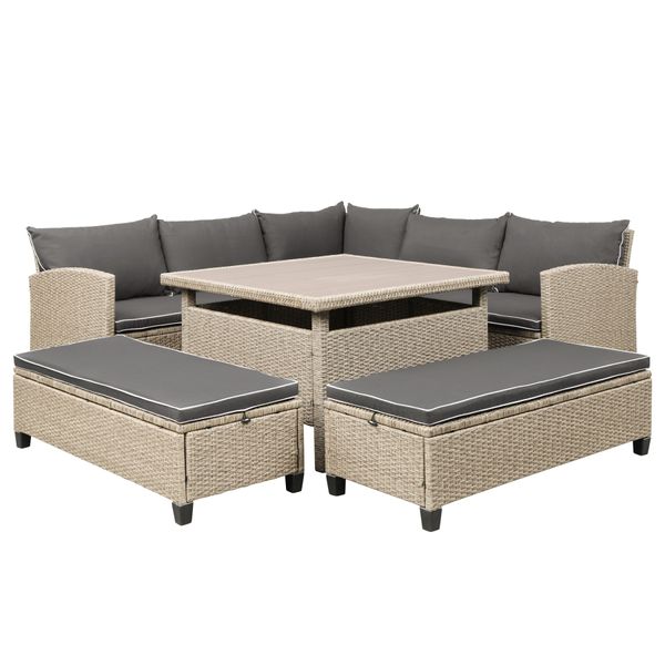 6-teilige Terrassenmöbel Set Weiden-Rattan-Schnittsofa mit Tisch und Bänken für Garten, Garten, Pool am Pool