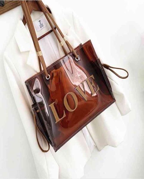 Verão Transparente Plástico Big Tote Bag 2021 Love Clear Clear Capacidade Jelly Beach Bag Lady ombro Bag7140165