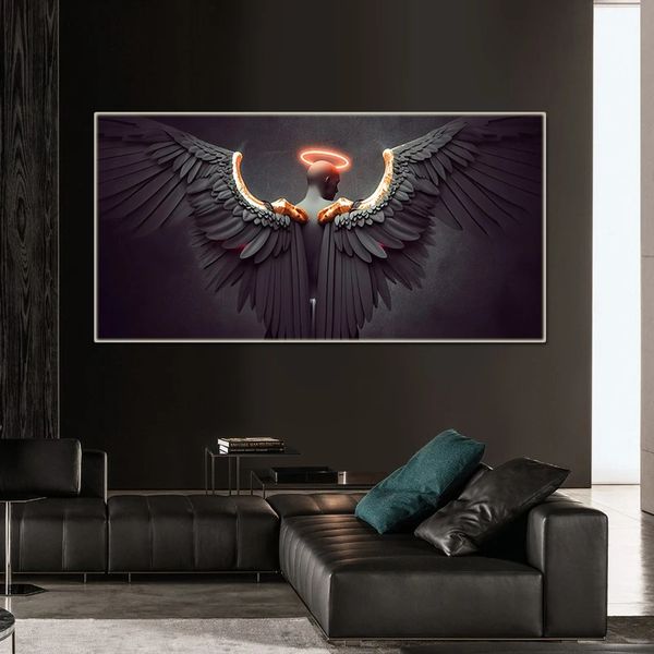 Angelo di ali nude scandinavi con ali nere Donna tela dipinto di piume poster soggiorno astratto decorazioni per pareti