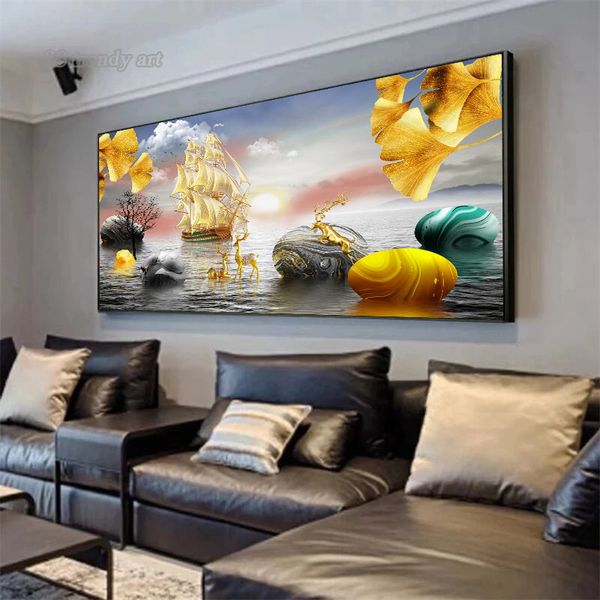 Moderni poster d'arte da parete di lusso d'oro Gold Deer Gold Deer Stone dipinto del paesaggio nordico Murale Picture soggiorno decorazioni per la casa