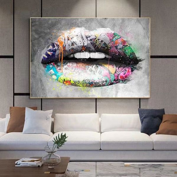 Labbra colorate di graffiti tela dipinti di labbra creative poster e stampe immagini d'arte a parete astratta per il soggiorno decorazioni per la casa