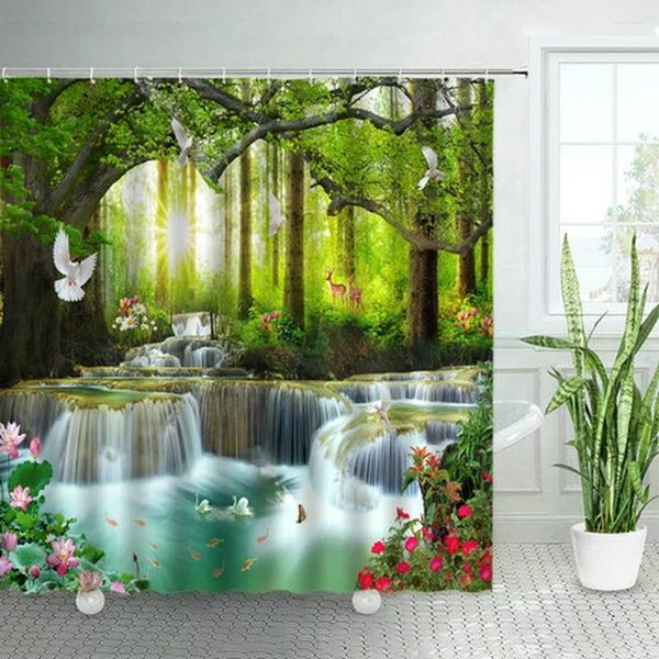 Duschvorhänge grüne Waldpflanzen Tier Blumen Bad Vorhang Wasserfall Naturlandschaft Haus Polyester Stoff Badezimmer Dekor Dekoration