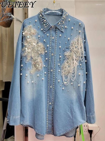 Blusas femininas Design Sense Niche de miçangas pesadas da indústria camisa jeans primavera 2024 Blusa de manga longa solta Top de peito único