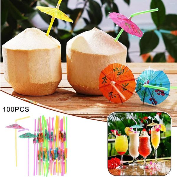 Copas descartáveis palhas de 100pcs guarda -chuva de plástico tropical parasols coquetel bebida palha havaí praia decoração de festa de casamento