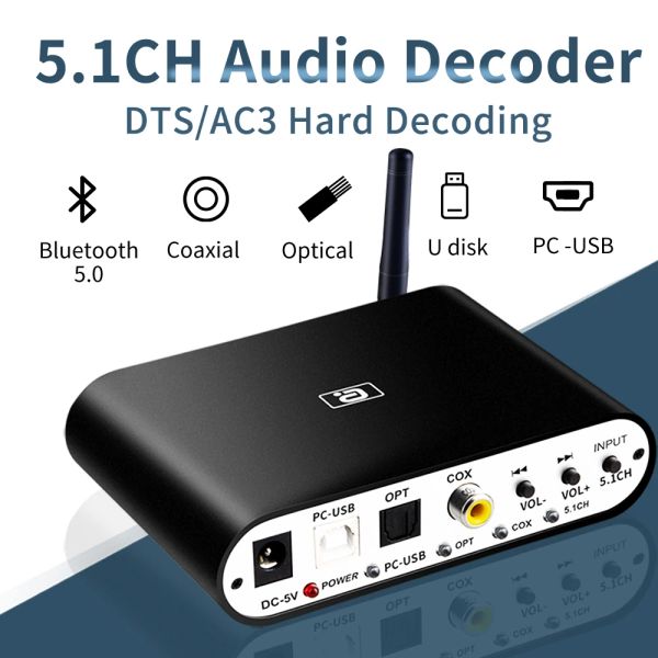 Konnektörler Yeni DA615U 5.1CH Audio Decoder Bluetooth 5.0 Reciveer DAC Kablosuz Ses Adaptörü Optik Koaksiyel U Play PCUSB DAC DTS Yükseltme