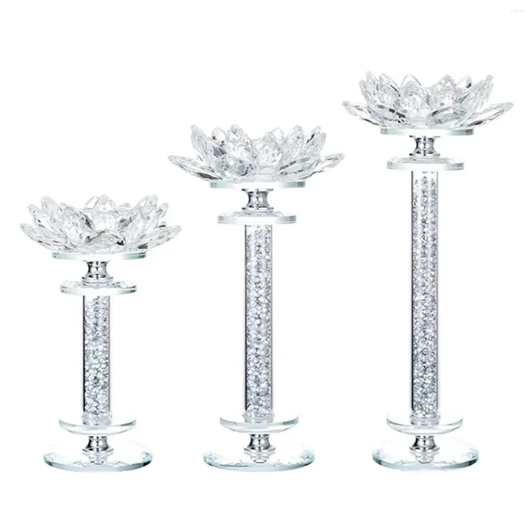 Titulares de vela 3 peças Vidro de vidro transparente Lotus Pillar Pillar Candlestick Luz de chá romântica para a decoração da sala de jantar de mesa
