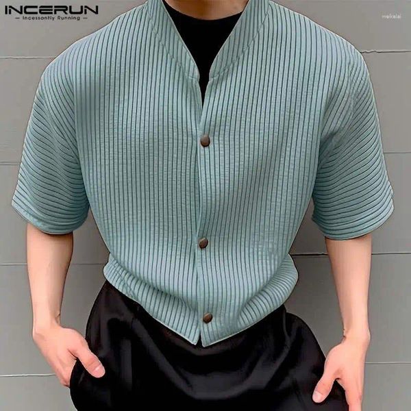 Camicie casual maschile in incerun camicia di colore solido collare abbigliamento estivo maniche corte 2024 streetwear coreano moda s-5xl