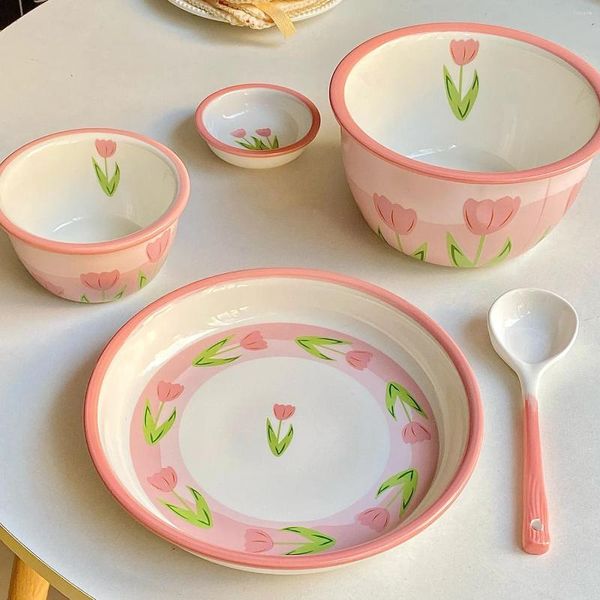 Tigelas ins han han feng tulip tableware conjunto de meninas coração de alta beleza cerâmica e pratos colheres de arroz de sopa doméstica