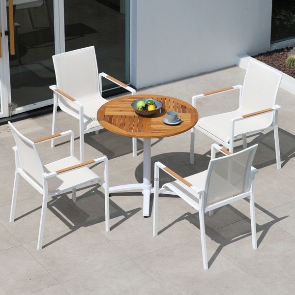 Современный простые белые столы и стулья, установленные на открытом воздухе на балконе кофейный столик складной маленький садовый патио мебель z z