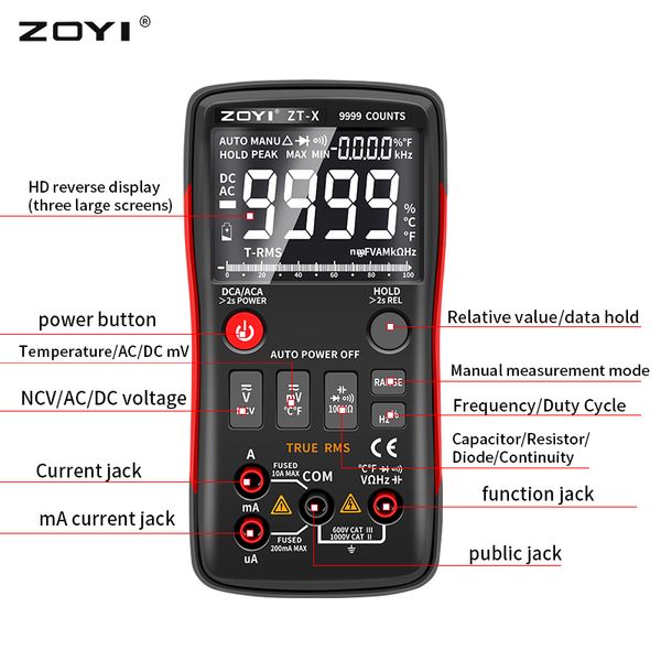 Multimetro digitale Zoyi ZT-X ZT102A T-RMS Range automatico EBTN LCD DC AC Voltmetro Amperometro Condizionatore OHM TEMP NCV Tester