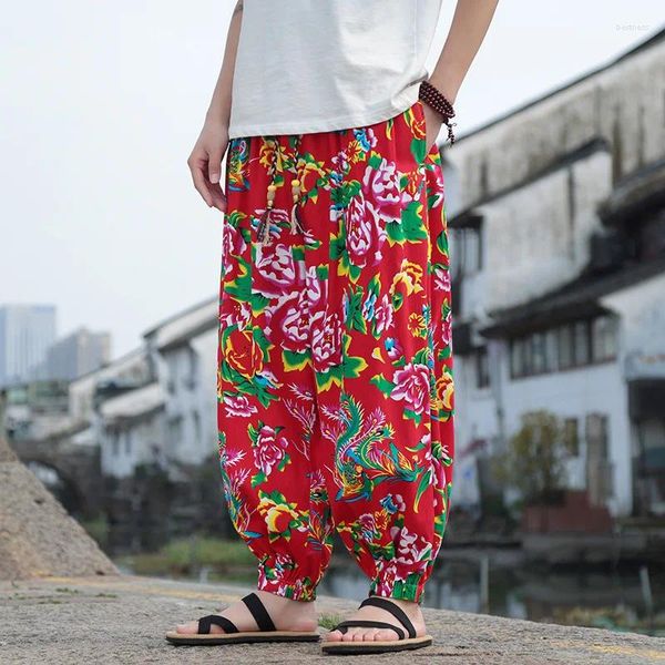 PANTI DEI MENA 2024 Summer primaverile Northeast Big Flower Hip Hop Casual Men Black Red Blu larga gamba harem streetwear