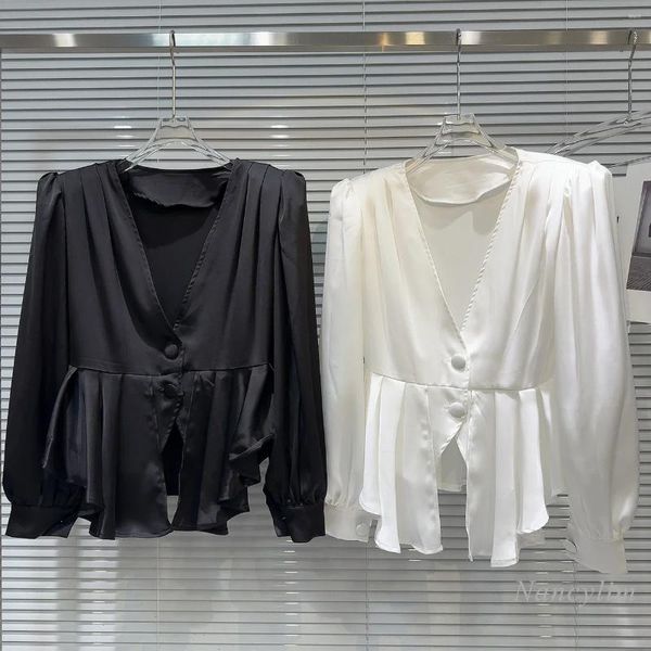 Blouses feminina 2024 Primavera e verão clássico estilo v alcápido cetim de cetim de algodão camisa de temperamento para mulheres tops brancos