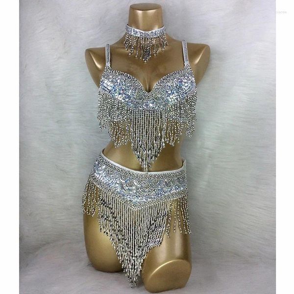 Stage Wear Wholesale Belly Dance Costume 3pcs Set Collana del reggiseno Goldsilver White 4 Colors #TF201 34D/DD 36D/DD 38/D/DD 40B/C/D 42D/DD