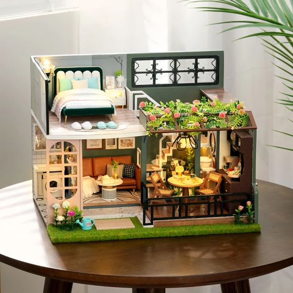 Diy Casa Holzpuppenhaus Miniaturgebäude Kit mit Möbeln Garten Villa Doll House Assembly Spielzeug für Freunde Geburtstagsgeschenke