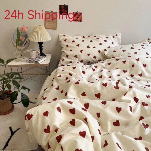 Bettwäsche im koreanischen Stil Kid Adult Twin Full Queen Size Bett Flat Sheet Love Heart Bettbedeckung Set Kissenbezug Bett Wäsche ohne Füllstoff 240329