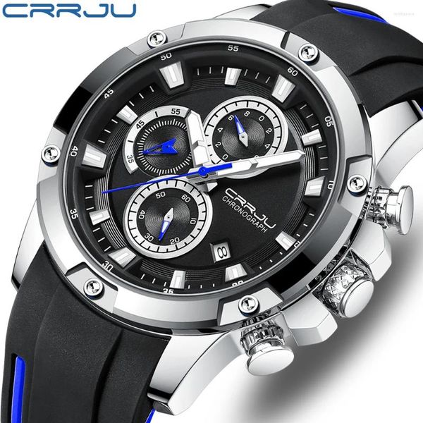 Нарученные часы Crrju мужчины смотрят модный бизнес кварц хронограф резиновые наручные часы со светительным дисплеем Relogio Masculino