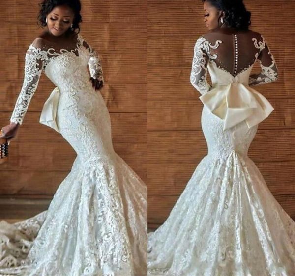 Plus Size Afrikanische nigerianische Hochzeit Brautkleider mit hinterer Bogenperlen Langarmer Kapelle Zug 2019 Luxus Meerjungfrau Engagement D3953348