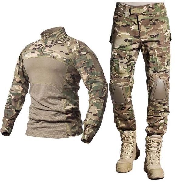 Calça camuflagem caça pesca de pesca ao ar livre uniforme de combate tático Camisa Tops Tops Airsoft Camisetas multicam calças joelho