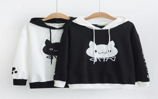 Women Autumn Fashion Hoodies Pullover Pullover giapponese Cat Cat Hoodies Harajuku Kawaii femmina Black White Patchwort Shithirt Y1908291182152