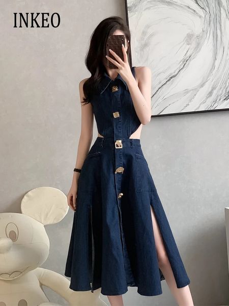 Vintage Mavi Metal Düğmeleri Denim Dres Sexy Hollow Out Split Midi Elbiseler 2023 Varış Aline Vestidos Inkeo 3D073 240402