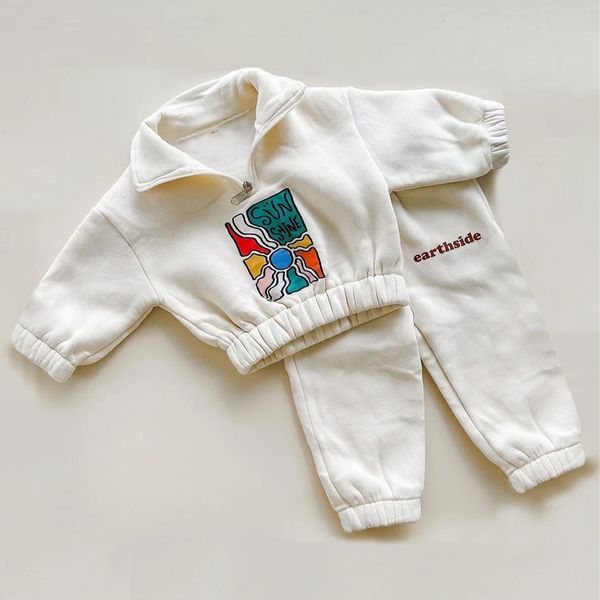 Kış Sıcak Erkek Giyim Setleri Kalın Yarım Zip Polar Ceket Pant Pant Pantolon Boy Boy Trailsuit Çocuk Giysileri Toddler Kız Giysileri Kıyafet 240407