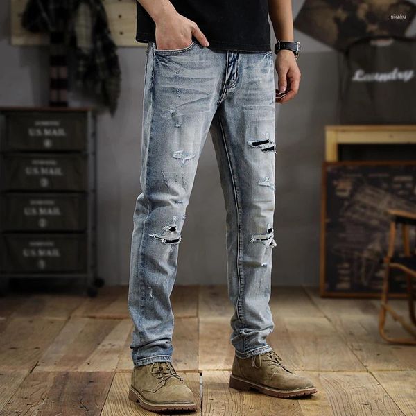 Jeans maschere marchio di moda estivo lavata in lavaggio di usura strappata alla moda coreana sottile retro retro in difficoltà