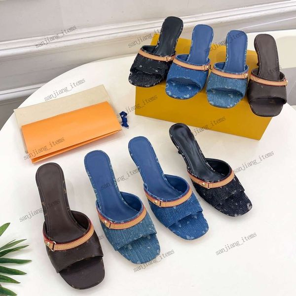 Donanma Denim Kadın Pompaları Terlik Grenadin Mavi Deri Açık Ayak Parmağı Slaytlar Sandalet Sandalet Platform Ayakkabı 5cm 10cm Açık Çiçek Topuk Slingback Bloom Vintage Stiletto Yeni