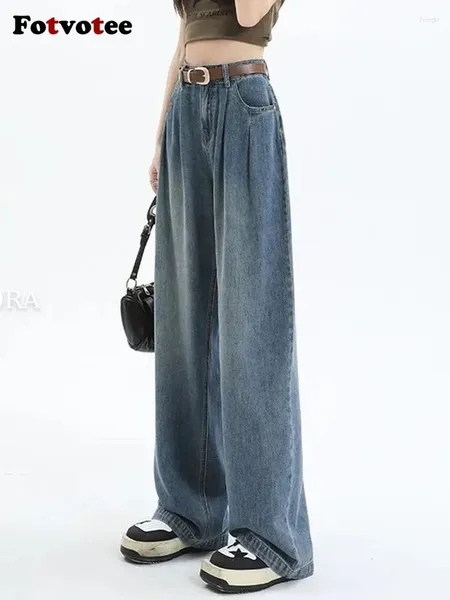 Frauen Jeans fotvotee Nostalgie Frau Baggy Wide Bein Hosen hohe Taillenfalten in voller Länge gerade Denim Streetwear Vintage Kleidung