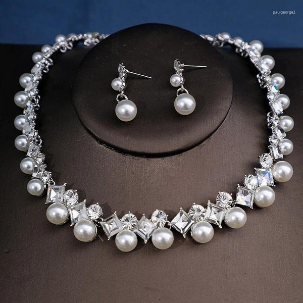 Halskette Ohrringe Set Hochzeit Kristall Mode Imitation Perle Ohrring Braut für Frauen elegante Strassparty GIF