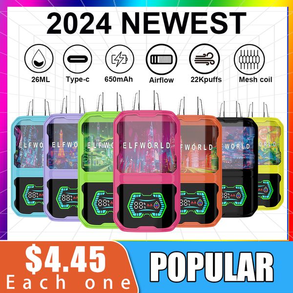 Original wiederaufladbare ElfWorld Bar 22000 Puffs Hindosible Mesh Spulen Vape Pod Pen E -Zigaretten -Kits 22K Puffs 650mAh Batterie 26ml Vorgefertigt 15 Flavours USA Warehouse