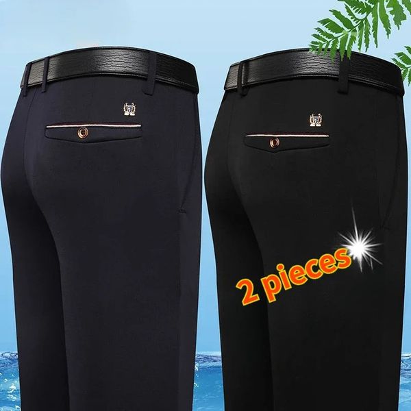 Calças de vestido preto elegantes para homens, calças casuais confortáveis de quatro empresas coreanas, masculino, alongamento slimfit 240411
